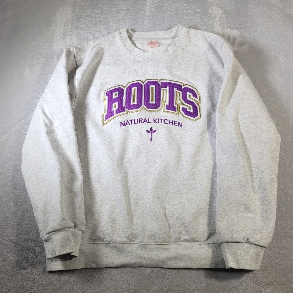 Roots Natural Kitchen Sweatshirt Mens L Grey Purple Embroidered Crewneck Fleece